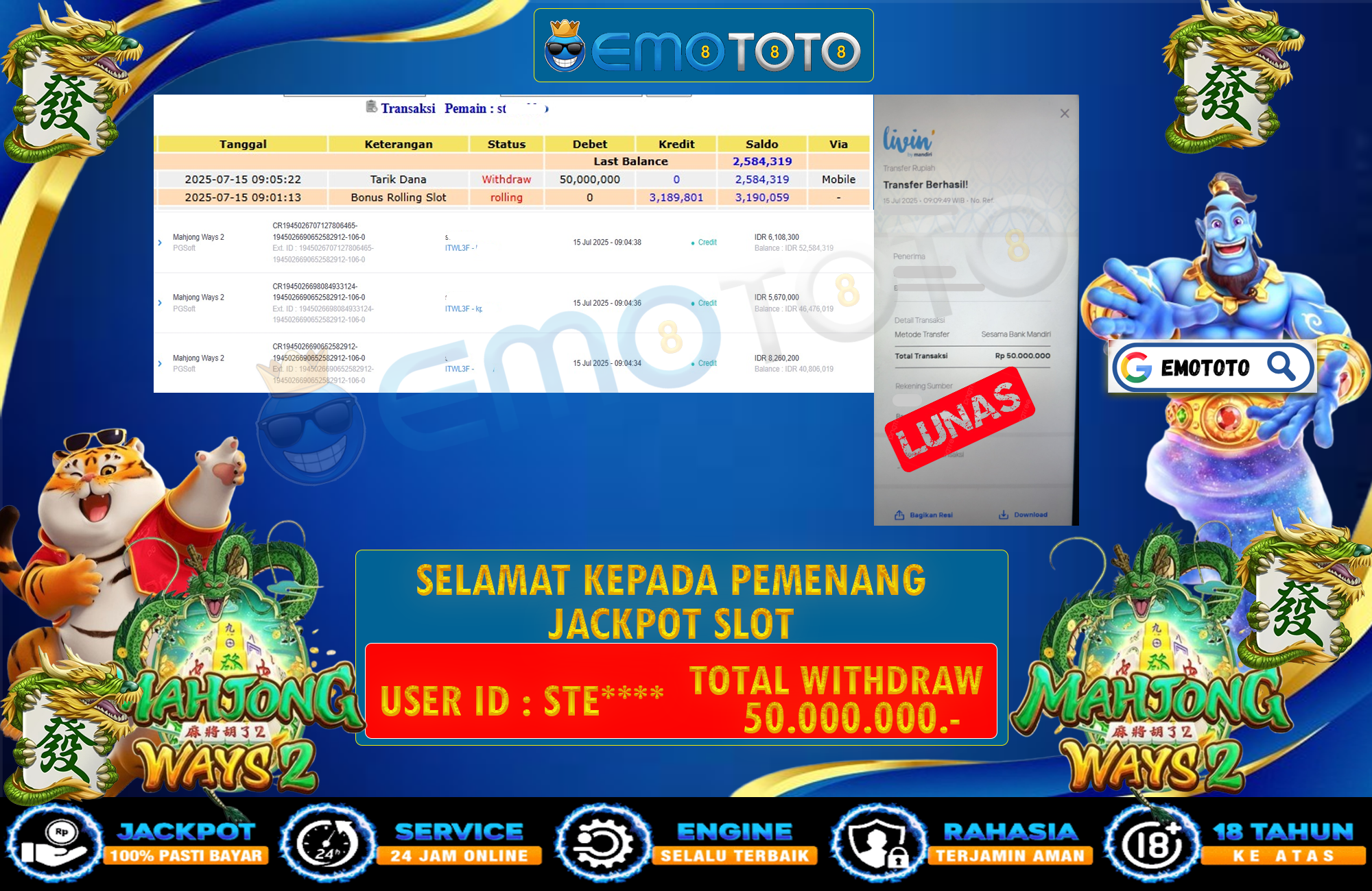 EMOTOTO : BUKTI JACKPOT MEMBER PERMAINAN SLOT PG SOFT (MAHJONG WAYS 2 ) RP 50.000.000 DI BAYAR LUNAS LANGSUNG KE REKENING MEMBER